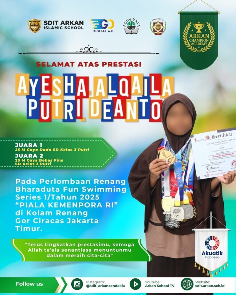 SDIT Arkan Cendekia Raih Juara 1 dan Juara 2 dalam Perlombaan Bharaduta Fun Swimming Series 1 Tahun 2025 – Piala Kemenpora RI